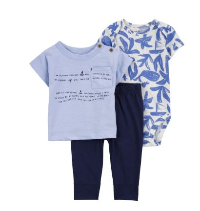 Trio Camiseta, Body e Calca Azul Flores - 3 meses