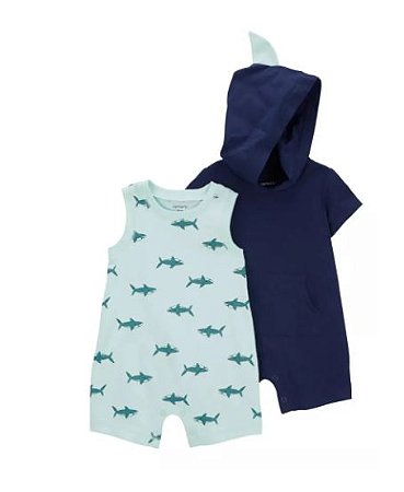 Kit Romper Regata e com Capuz Azul Tubarao - 24 meses