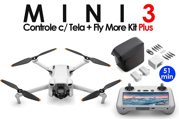 Drone DJI Mini 3 + Controle com Tela + Fly More Kit Plus (Versão Nacional)