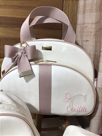 Bolsa Maternidade Média Sintético OffWhite com faixa Rosé