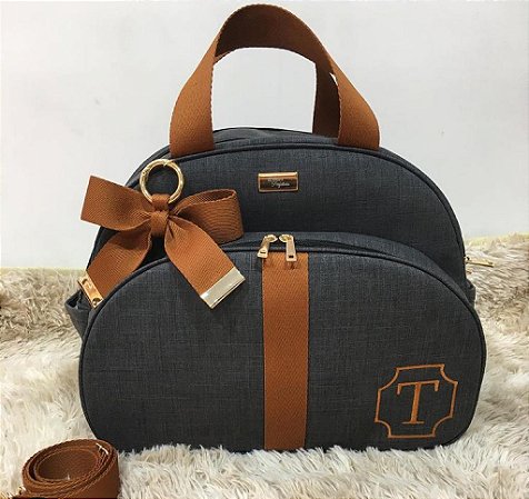 Bolsa Maternidade Grande Linho preto com faixa caramelo