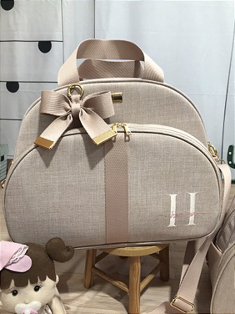 Bolsa Maternidade Grande Linho rose com faixa Nude