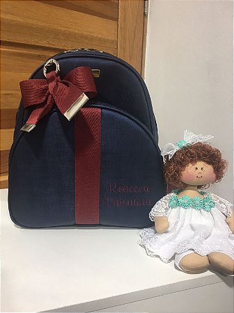 Mochila Baby P Sintético Azul Marinho com faixa marsala