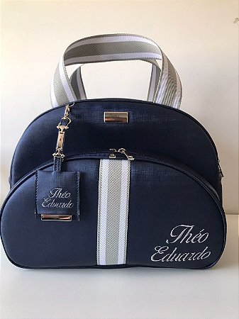 Bolsa Maternidade Média Sintético Azul Marinho com faixa listrada grossa cinza e branco