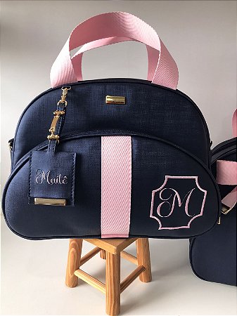 Bolsa Maternidade Pequena Sintético marinho com faixa rosa bebê