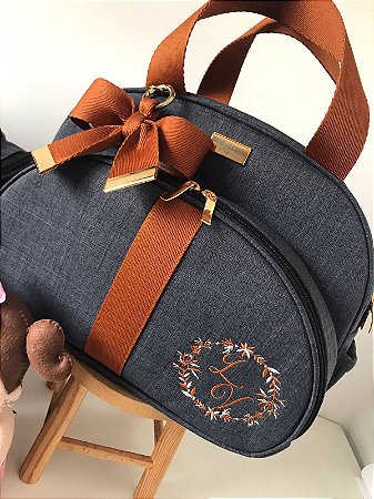 Bolsa Maternidade Pequena Linho preto com faixa caramelo