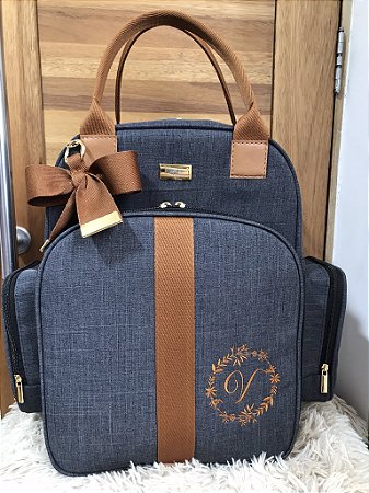 Mochila Multi Linho preto com faixa caramelo