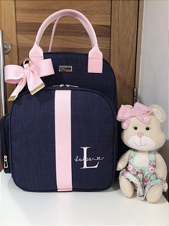 Mochila Multi Linho Marinho com faixa rosa bebê