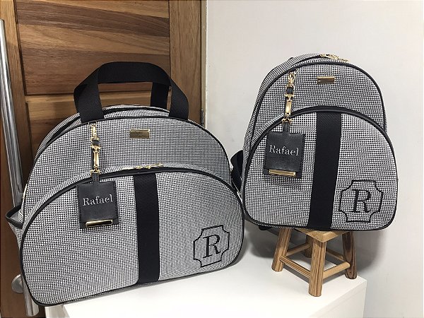 Kit Maternidade Bolsa Grande e Mochilinha baby P Pied poule com faixa preta