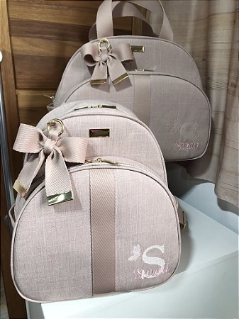 Kit Maternidade Bolsa Grande e Mochilinha baby G Linho rosé com faixa nude