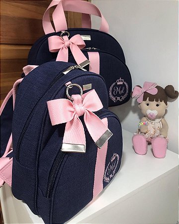 Kit Maternidade Bolsa Média e Mochilinha baby P Linho azul marinho com faixa rosa bebê