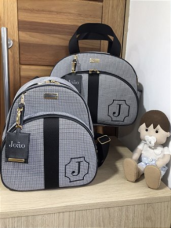 Kit Maternidade Bolsa Média e Mochilinha baby P Pied poule com faixa preta