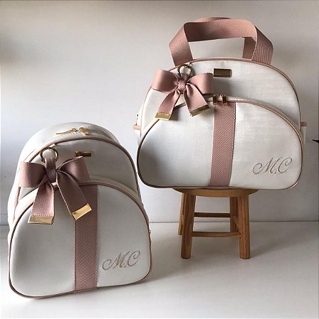 Kit Maternidade Bolsa Média e Mochilinha baby P Sintético Offwhite com faixa nude