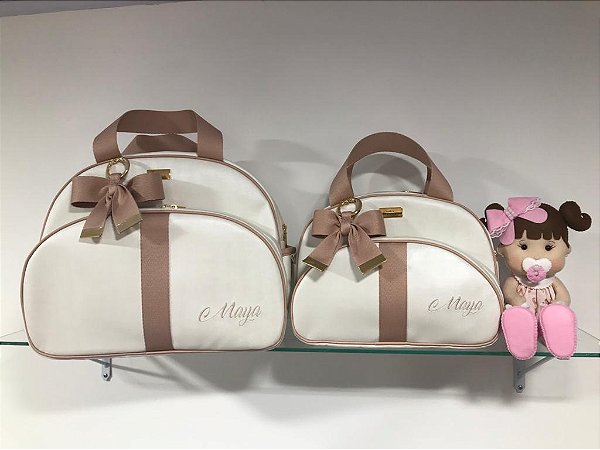 Kit Maternidade Bolsa Grande e Bolsa Pequena Sintético Offwhite com faixa nude