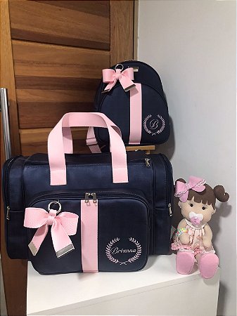 Kit Maternidade Malinha New e Mochilinha baby P  Sintético azul marinho com faixa rosa bebê