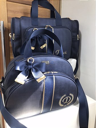 Kit Maternidade Bolsa Média e Malinha New Sintético azul marinho com faixa azul marinho extra dourado