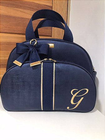 Bolsa Maternidade Grande Sintético azul marinho com faixa azul marinho extra dourado