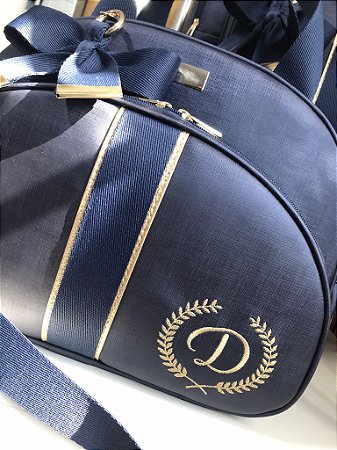 Bolsa Maternidade Média Sintético azul marinho com faixa azul marinho extra dourado