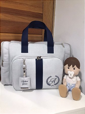 Malinha New Linho offwhite com faixa azul marinho