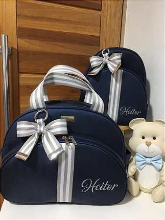 Kit Maternidade Bolsa Média e Mochilinha baby P Sintético azul marinho com faixa listrada cinza e branca