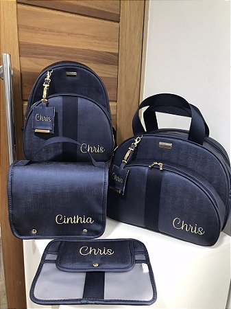 Kit Maternidade Bolsa Média, Mochilinha baby P, Necessarie Fox e Porta Carteira de Vacinação Sintético azul marinho com faixa marinho