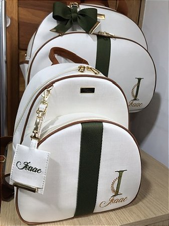Kit Maternidade Grande e Mochilinha baby P Sintético Offwhite, faixa Verde selva e detalhes caramelo