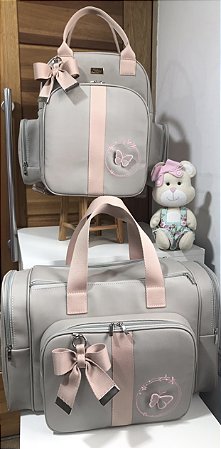 Kit Maternidade Mochila Multi, Malinha New Sintético cinza com faixa nude