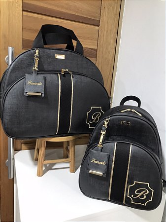 Kit Maternidade Grande e Mochilinha baby P Sintético Preto com faixa extra dourada e Preto