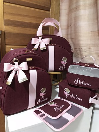 Kit Bolsa média, Mochilinha baby G, Necessarie Box G, Organizador PP e Porta carteira de vacinação no Linho Marsala com faixa rosa bebê