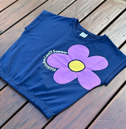 Blusinha infantil com Elástico na Barra Azul Marinho com Flor Roxa