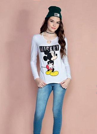 Camiseta Feminina juvenil Disney Manga Longa