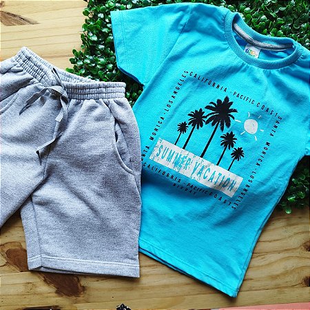 Conjunto Infantil Masculino Camiseta "Summer Vacation e Bermuda em Moletinho