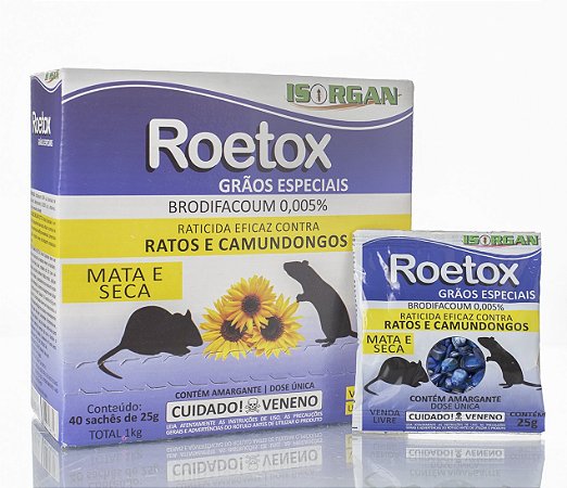 ROETOX  Grãos Especiais 1kg (40 sachês x 25g) - Raticida / Rodenticida - Mata Ratos / Ratazanas / Camundongos / Roedores