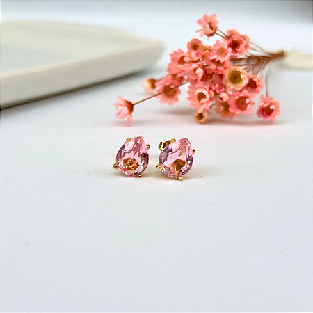 Brinco de Zircônia Rosa em Gota
