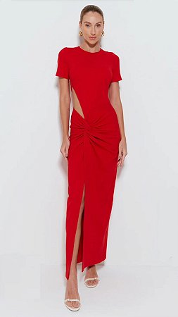 Vestido longo com recorte e torção frontal