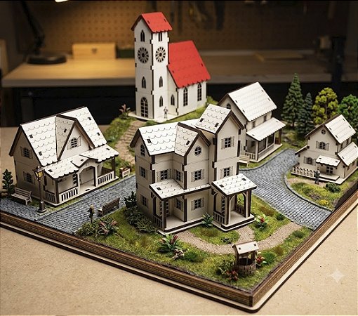 Kit 5 Casinhas Maquete Modelismo Ho 1:87 Mdf Iluminação.