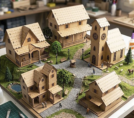Vila Casinhas Igrejinha Decoração escala 1:43 Para Pintura Dobro H0 Maquetes Modelismo MDF