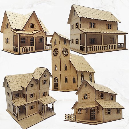 Vila Casinhas Igrejinha Decoração escala 1:43 Para Pintura Dobro H0 Maquetes Modelismo MDF