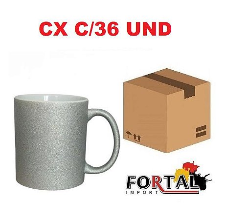 CANECA GLITTER PRATA 325ML FORTAL CX36