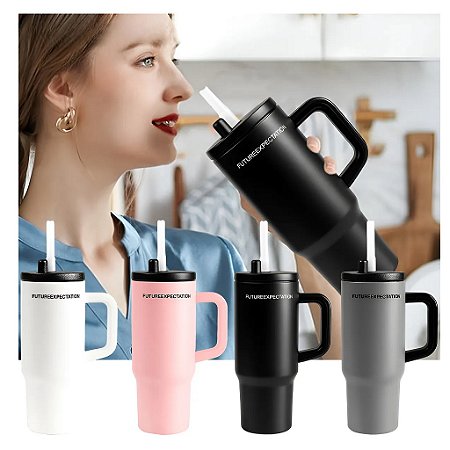 COPO TERMICO DE AÇO INOX C/ ALÇA E CANUDO FUTUREEXPECTATION 710ML P1779
