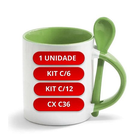 CANECA BRANCA C/COLHER ALÇA/INT VERDE CLARO C/CX DEKO