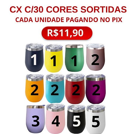 CX C/30 CORES COPO TÉRMICO P/DTF-UV AÇO INOX C/TAMPA 360ML
