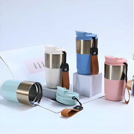 COPO TÉRMICO INOX P/CAFÉ E CHÁ C/TAMPA, CANUDO E ALÇA 420ML P1652