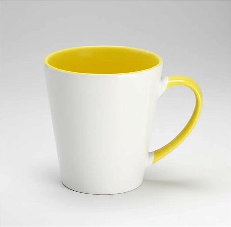 CANECA BRANCA TULIPA CONICA INTERIOR E ALCA AMARELA C/ CAIXINHA AAA