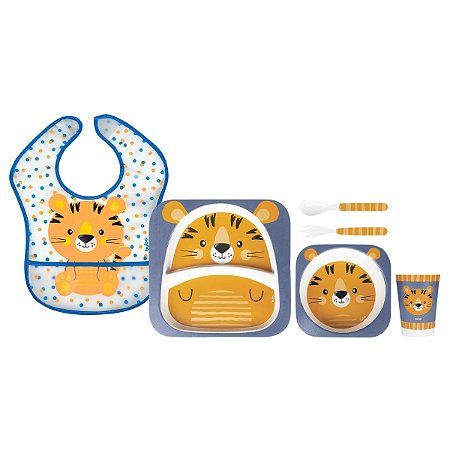 Kit Refeição Em Bambu Mais Babador Com Bolso Tigrinho - Buba