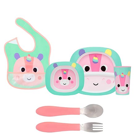 Kit Refeição Zoo Unicórnio Completo Com Babador e Kit Talher
