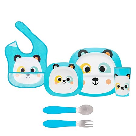 Kit Refeição Zoo Panda Completo Com Babador e Kit Talher Buba