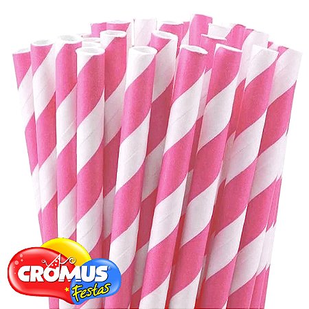 Canudo de Papel Listrado Branco com Rosa CROMUS