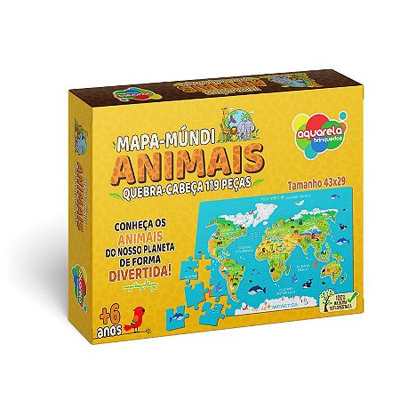 Jogo Mapa Mundi Animais 119 peças em madeira MDF Aquarela Brinquedos