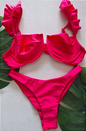 Biquíni babado com aro vermelho glow